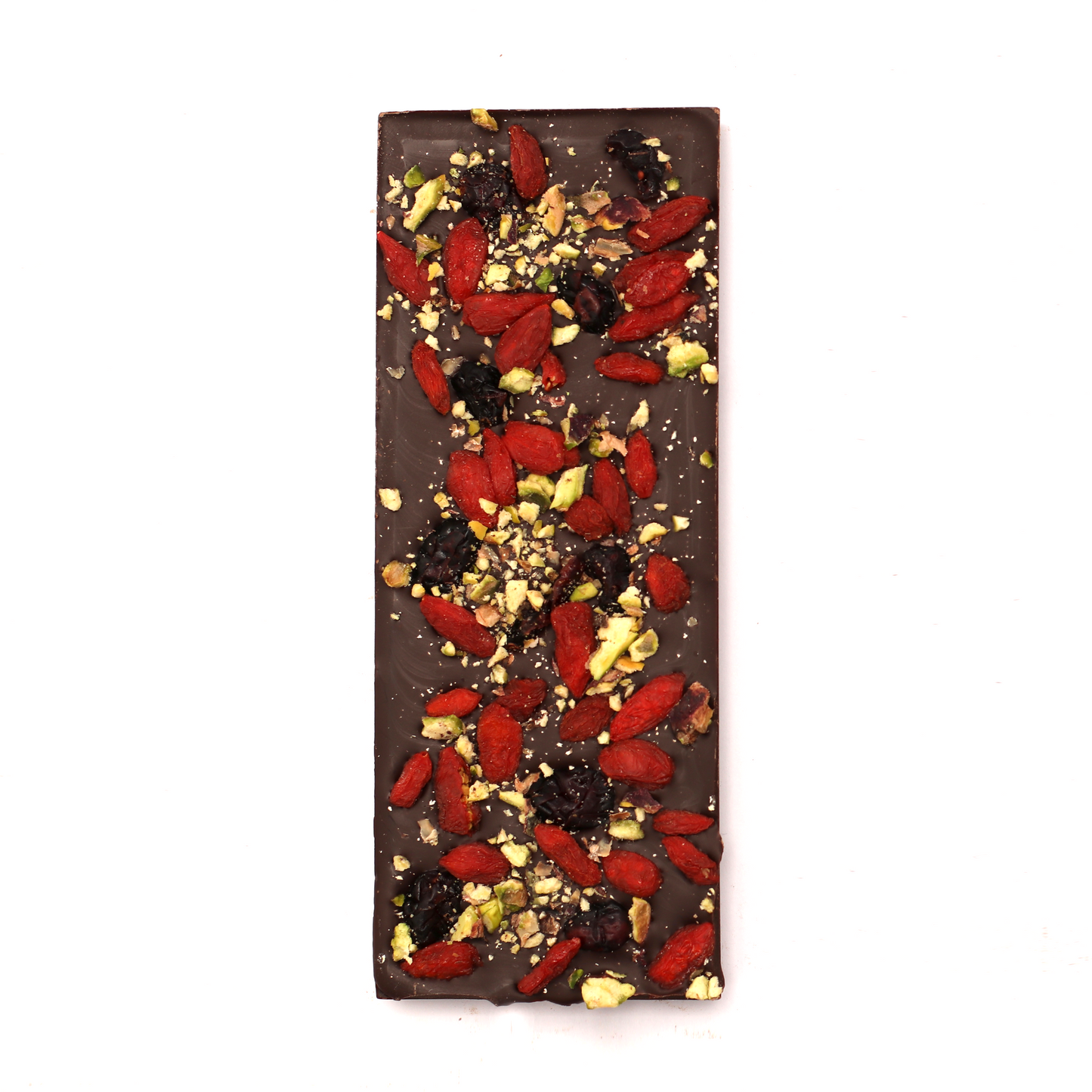 Dark chocolate bar with red dried fruits